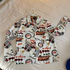 Gracia White Button-Up Blouse with Red Rose and Multicolor Print